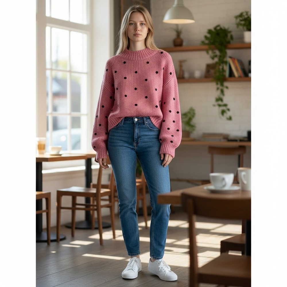 Sugar + Lips Pink Black Polka Dot Chunky Knit Sweater Small 80% Acrylic 20% Wool